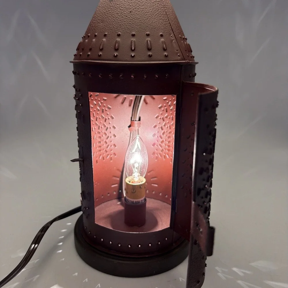 Vintage Primitive Punched Tin Willow Tree Table Lamp W/Homespun Check Shade